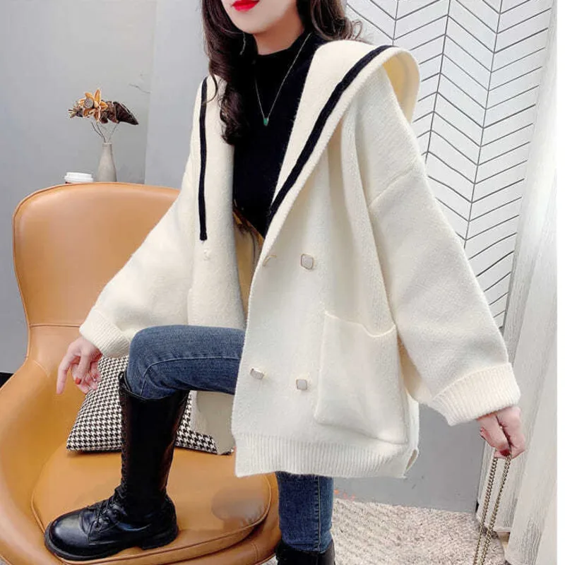 Navy Collar Orange Sweater Cardigan Coat Womens 2024 Autumn New Korean Loose Long Sleeve Pink Knitted Sweater Coat Women