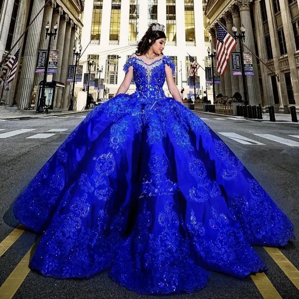 Modest Royal Blue Quinceanera Kleid Kristall Perlen Spitze Applique Vestidos Para XV Años Süße 16 Kleid robe de soirée