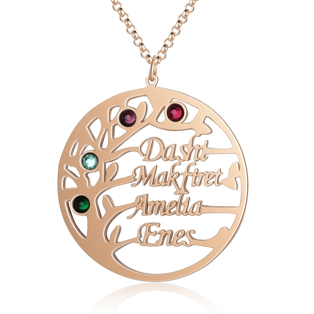 

Personalized Name Necklaces Delicate Tree Pendant Engrave 4 Names Birthstones Family Jewelry Promise Anniversary Gift for Women