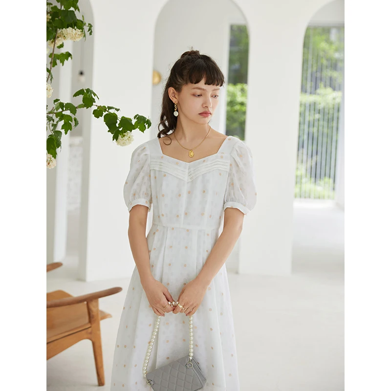 ZIQIAO Japanese Casual Dress 2021 Summer  Women Clothing French Puff Sleeve White Dress Chiffon Dress Gentle Wind Skirt