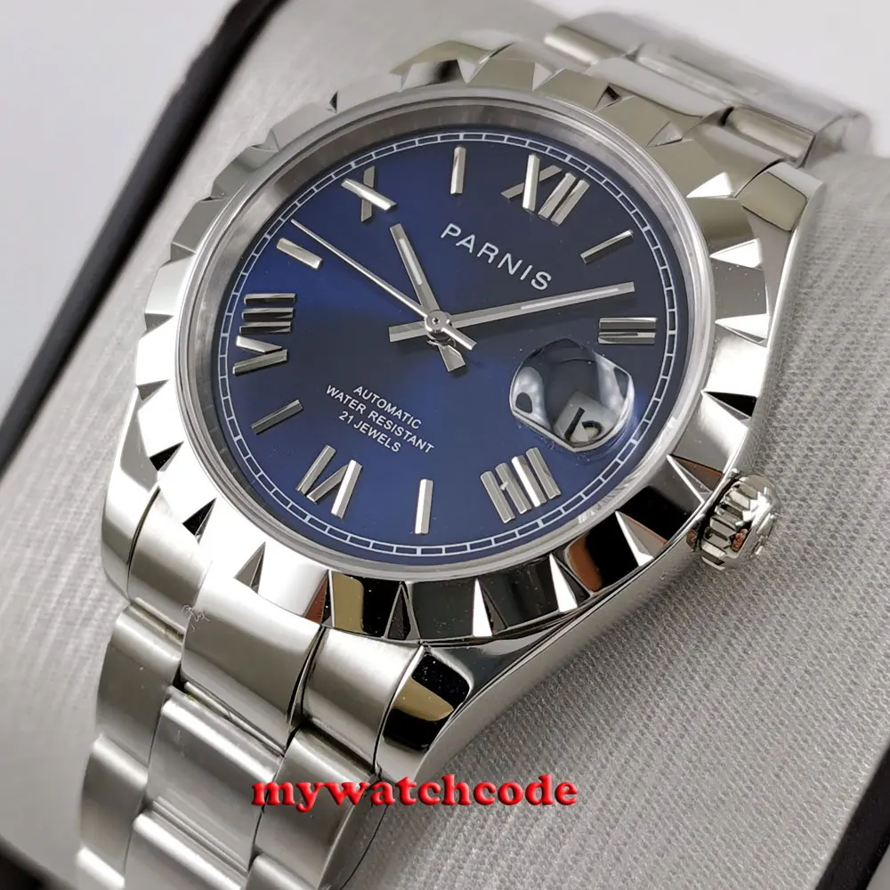 

39mm PARNIS deep blue dial sapphire glass date miyota 8215 automatic mens watch