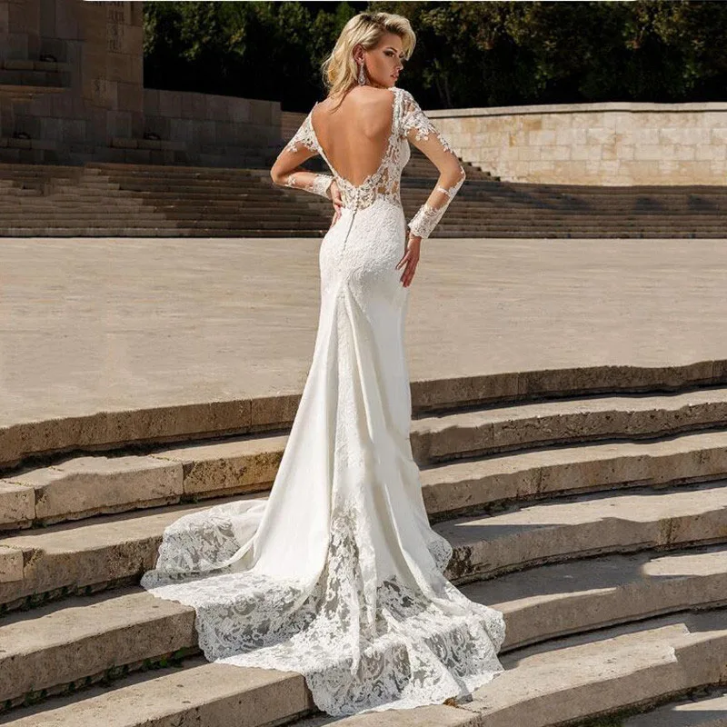 Elegante abito da sposa a sirena semplice scollo a v manica lunga in Chiffon bianco 3D abiti da sposa fiore Plus Size abito aperto sul retro De Mariee