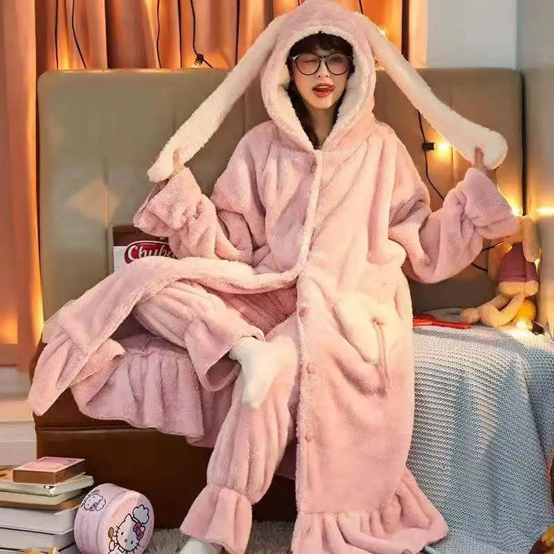 Winter Flannel Pajamas Sets For Women Cute Rabbit Ears Hooded Sleepwear Warm Thick Pyjamas Two Pieces Home Night Wear