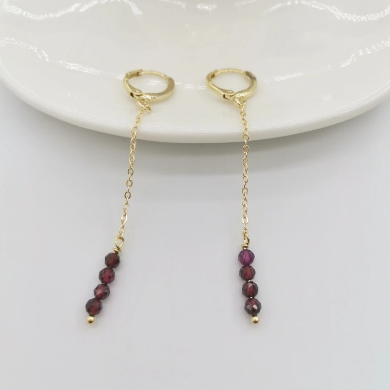 Dainty Garnet Earrings 14K Gold Filled Chains Delicate Faceted Gemstones Pendants Dangle Hoops Boho Elegant Women Earrings Gift