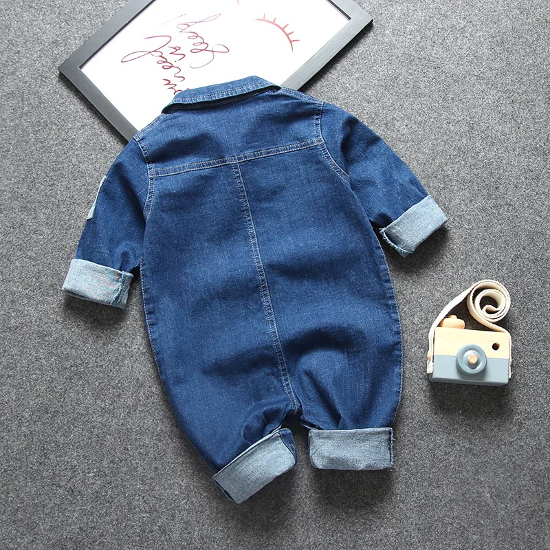 Spring Autumn Newborn Baby Hooded Romper Jumpsuit Long Sleeve Denim Blue Bodysuit with Pockets Outfits