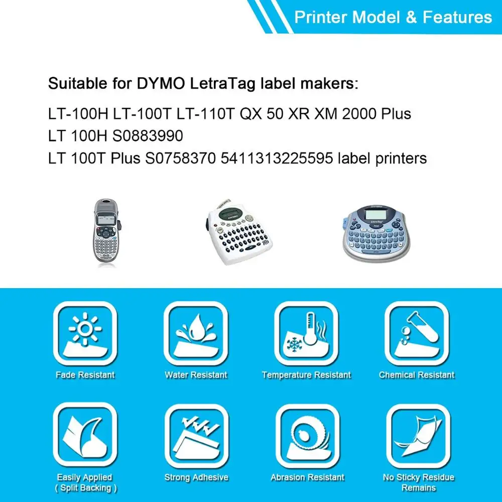 Fita adesiva da etiqueta da impressora, compatível para DYMO Letratag, Peça sobresselente do Letratag, Máquina de escrever LT100H, 100T, Plástico, 12mm, 91200