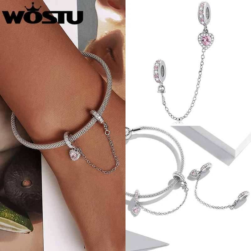 WOSTU 925 Silver Valentine Gift Heart Clover Lock Key Charms Beads Zircon Safety Chain Fit Original Bracelet Necklace For Women