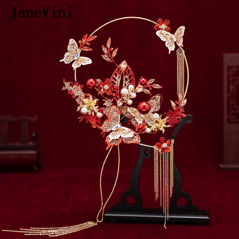 JaneVini 2020 Neueste Designer Chinesische Braut Hand Bouquets Fans Handgemachte Rote Metall Schmetterling Blumen Hochzeit Schmuck Zubehör