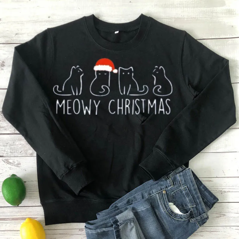 Meowy Christmas Meowy Sweater Cat lover Sweater,Animal Lover Gift 100% cotton kawaii Unisex goth Streetwear top Drop shipping