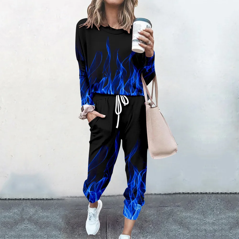 

Tracksuit Women 2 Piece Set Loose Comfortable Simple Style 3D Flame Print Long Sleeve Casual Suit Clothes 2021 Top Spring Autumn