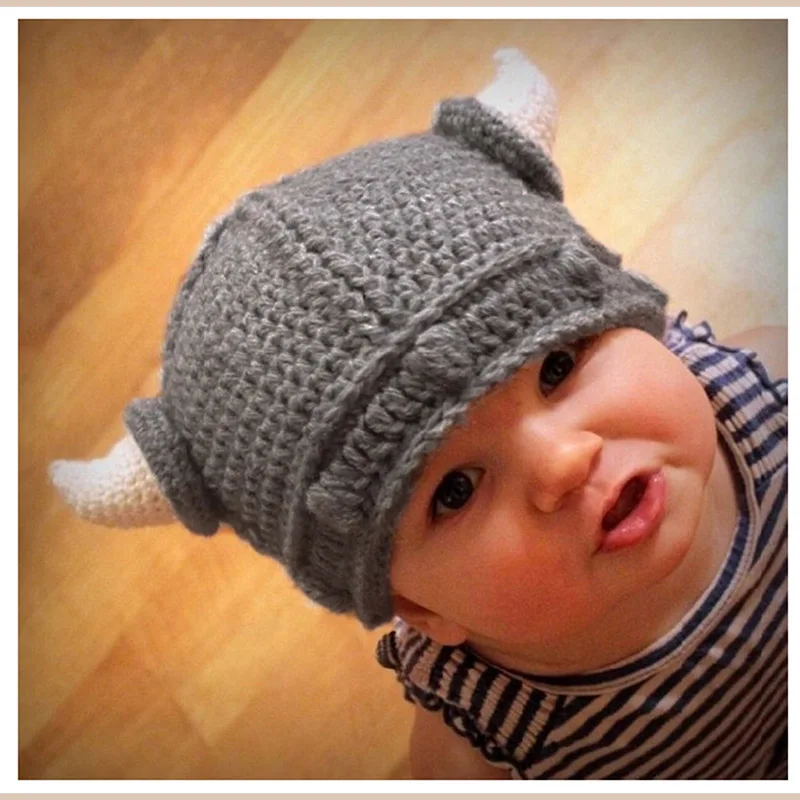 Funny Handmade Baby Kids Bonnet Crochet Winter Hat Cartoon Children Toddler Viking Horns Knitted Hat Xmas Gift