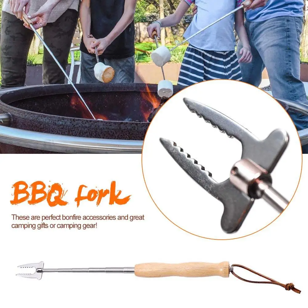 Grill Bar Retractable Rugged Wooden Stainless Steel Barbecue Fork Suitable for BBQ Hot Dog Telescopic Fork Child Safety Roasting