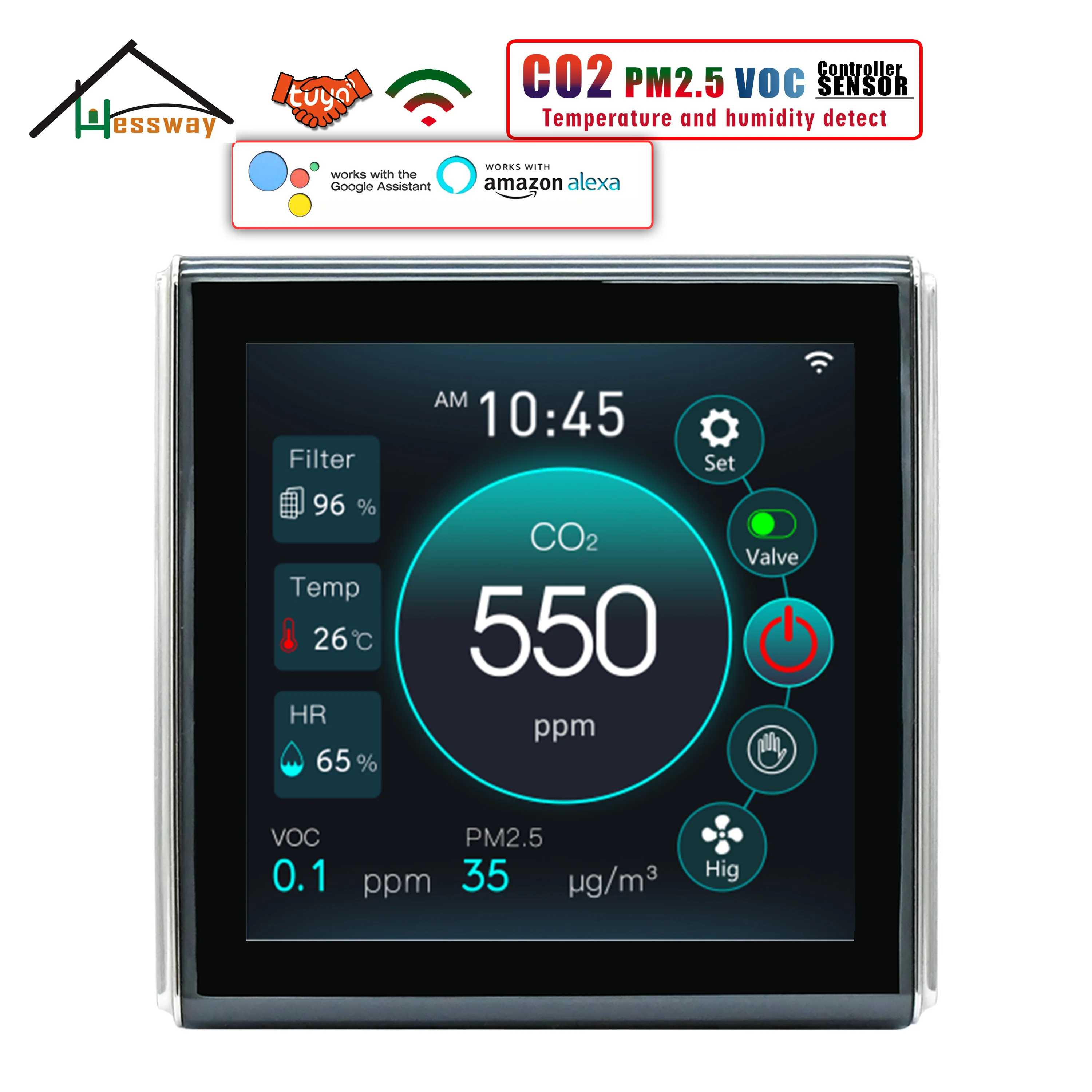 HESSWAY WIFI TUYA  CO2 VOC PM2.5 Sensor Detector Control for EC 0-10V/AC Output Through RS485&Modbusz Protocol Fresh Air System