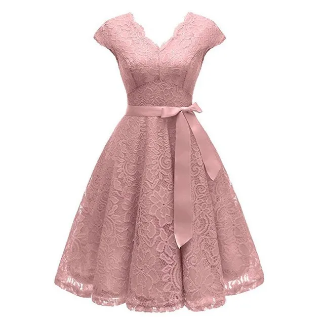 Roze Kant Cocktail Jurken Knie Lengte V-hals Elegant Korte Party Afstuderen Vrouwen Prom Dress Robe De Soiree 2021