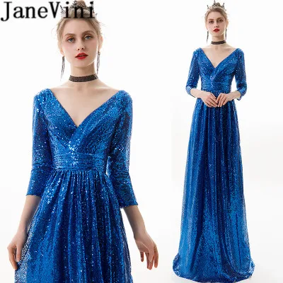 

JaneVini Peacock Royal Blue Long Bridesmaid Dresses with Sleeves Sparkly Sequins Rose Gold Robe Women Party Maid of Honor Gown