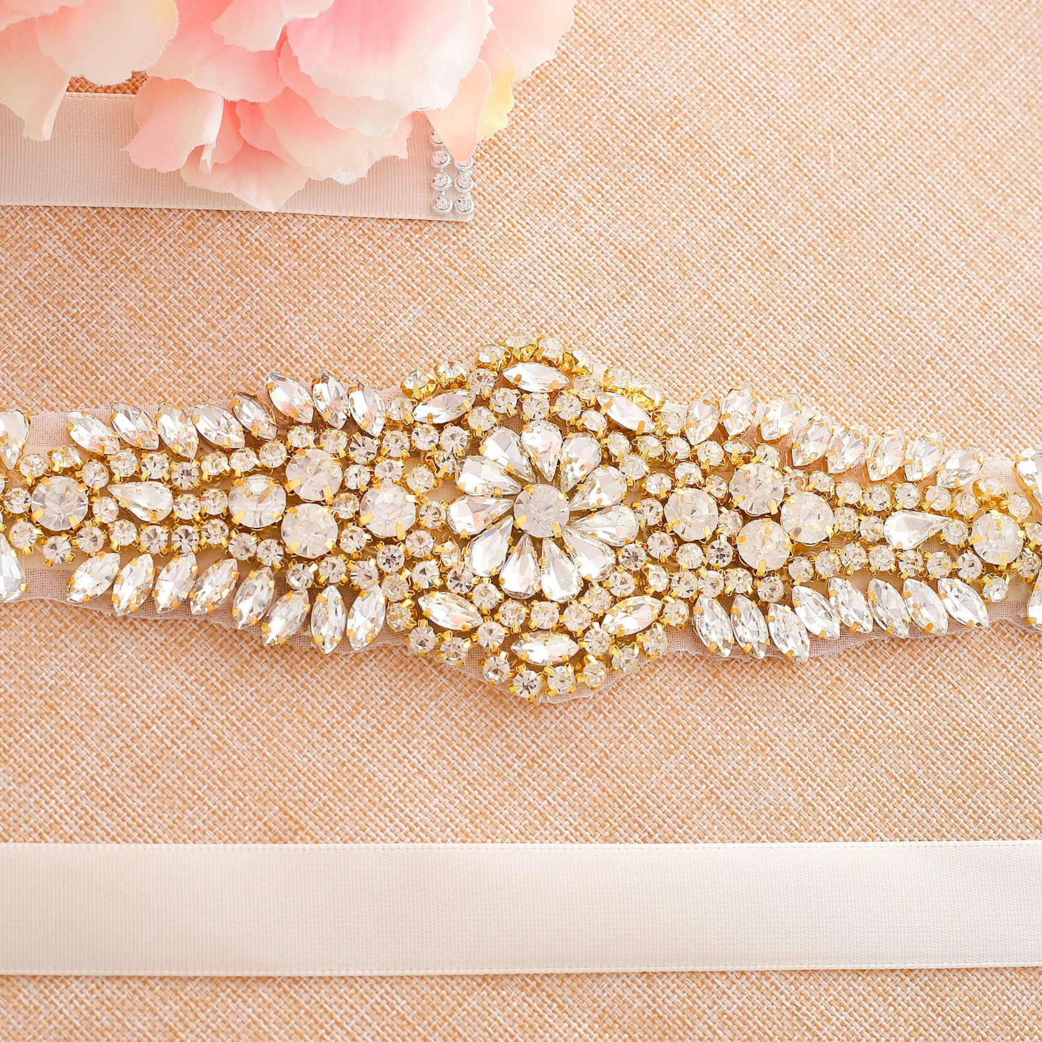 SESTHFAR  Rhinestones Wedding Dress Belt Gold Crystal Bridal Belt  Diamond Bridal Sash For Wedding Decoration J137G