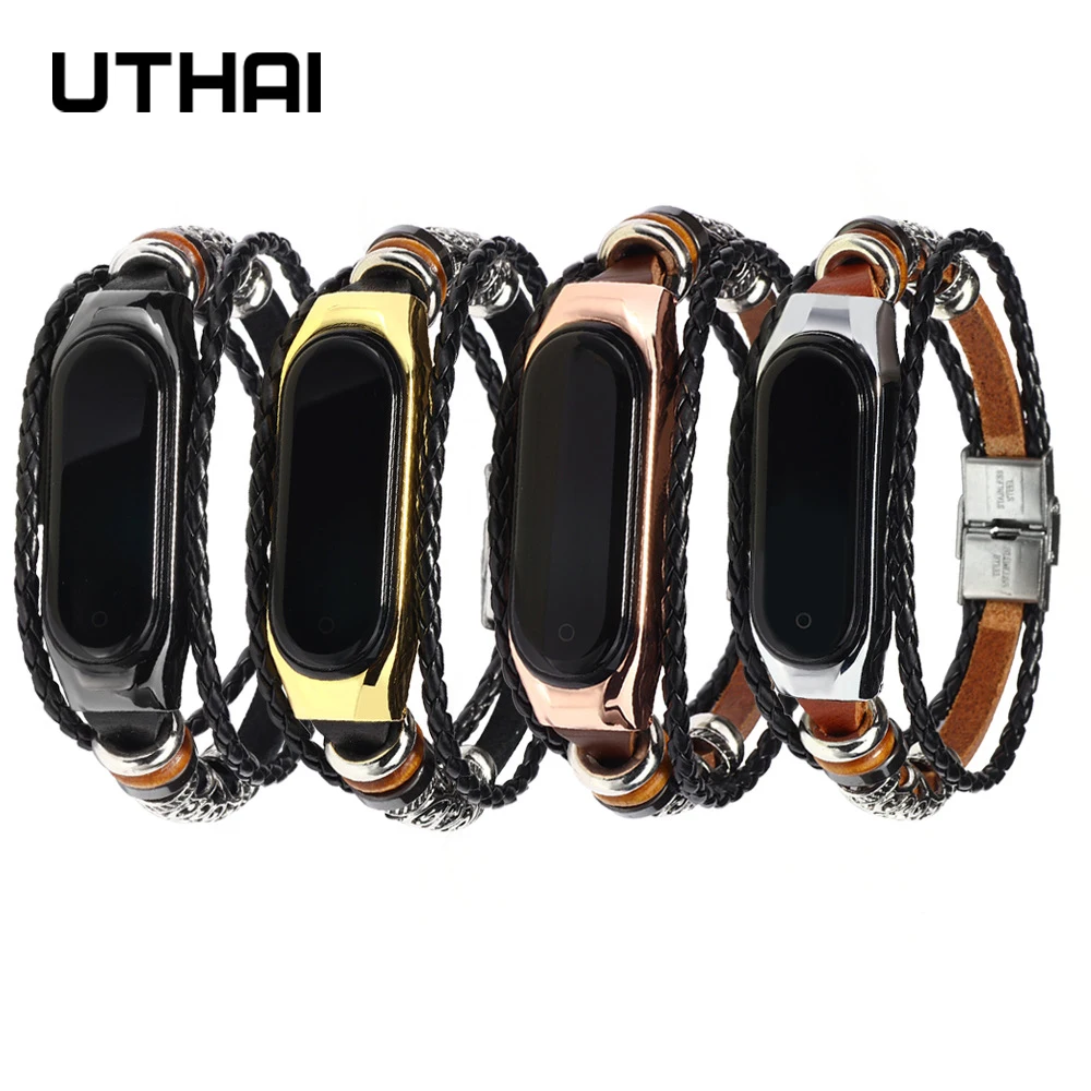 UTHAI Couro Watch Strap, Pulseira de liga, pulseira de substituição, Mi Band 9, 8, 7, 6, 5, 4, 3, SE, S38, substituição