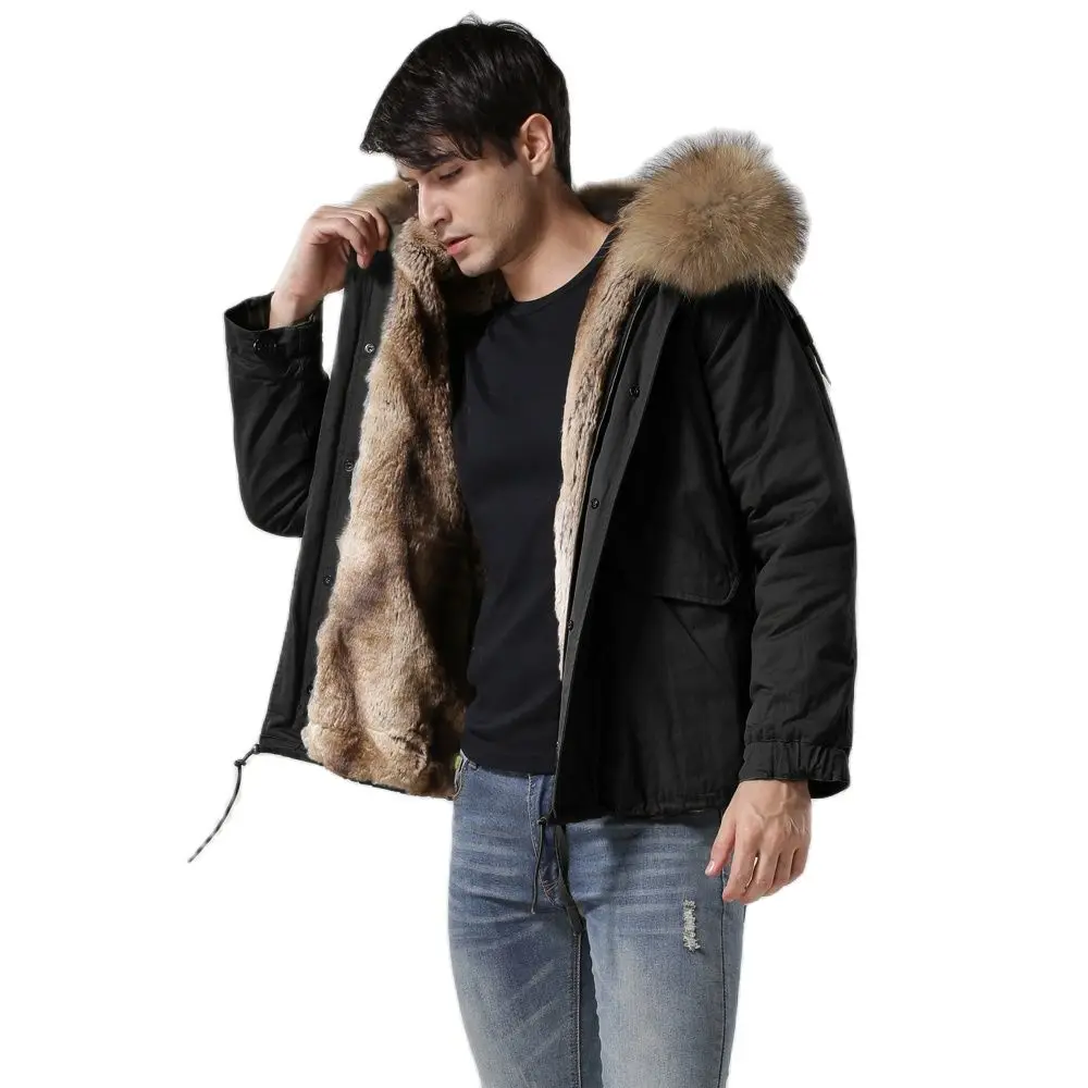 Army Green And Black Shell Parka With Faux Fur Lining Short Coat For Men Winter Jacket With Raccoon Fur Collar