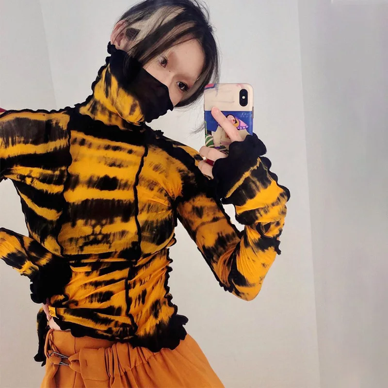 Fashionable Ruffle Striped Turtleneck T-Shirt Women Autumn See-Through Patchwork Skinny Club Streetwear Harajuku Clother