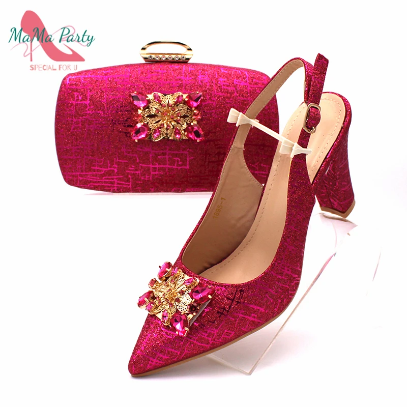 

Fashionable African Shoes and Bag Set Italian Women Fuchsia Color Nigerian Shoes with Matching Bags for Royal Wedding Party