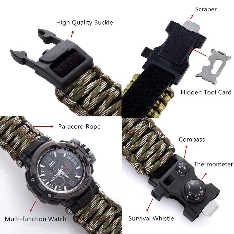 Outdoor Survival Watch Waterproof Multifunctional Survival Kit Military Tactical Paracord Watch Bracelet Camping Tool Emergency