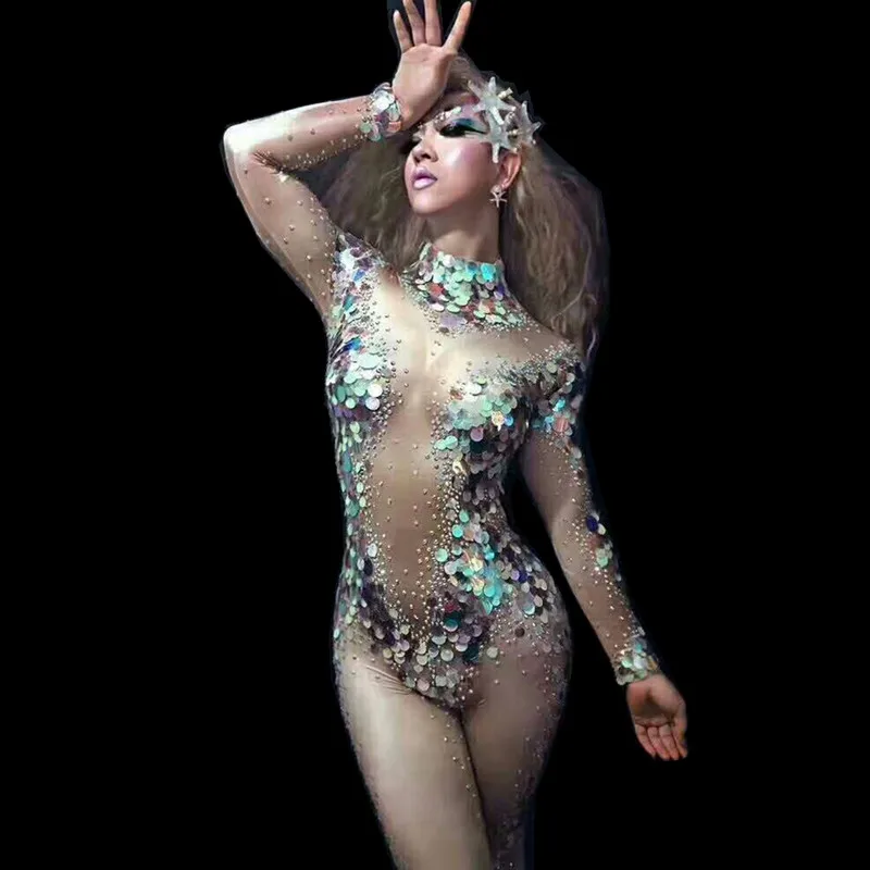 Sexy Mermaid Sequin Stage Jumpsuit Women Carnival Party Bodysuits Crystal Jumpsuit Celebration Occasion Clothing Dancer Costumes