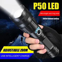 BS-Lampe de poche LED aste par USB, torche extérieure portable, torche de police, lanterne étanche, n'aime, chasse, injuste, P50, 26650