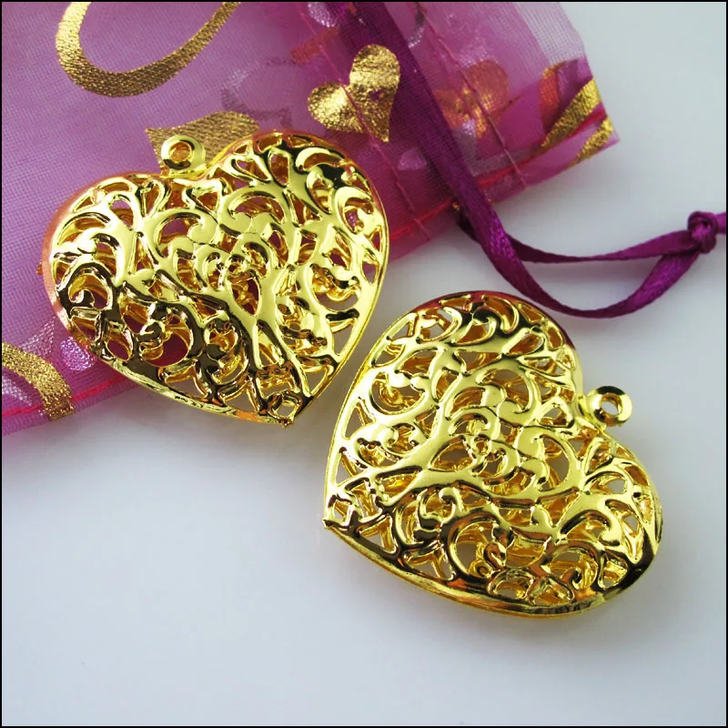 6Pcs Big Hollow Flower Heart Charms Pendants Golden Plated 38x40mm