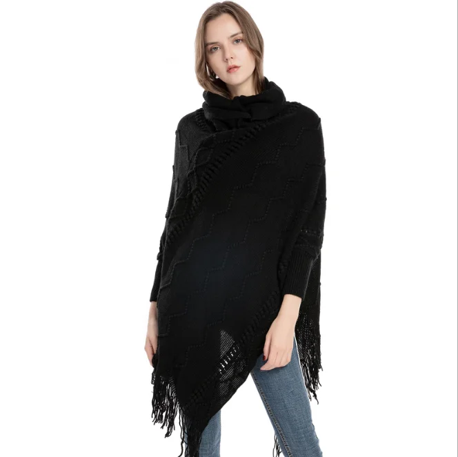 

Pull Femme Autumn Winter New Women's Acrylic Tassel Sweater High Neck Warm Sleeve Pullover Cloak Tassels Shawl Outside Black