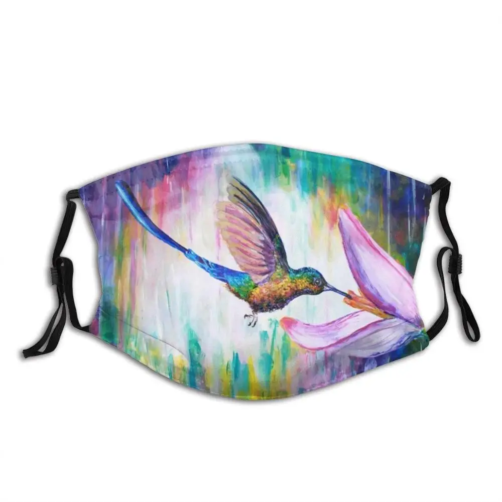 Hummingbird Print Wasbare Filter Anti Dust Mond Masker Acryl Schilderen Vogel Humming Bird Flying Feather Kleurrijke Bloem Roze