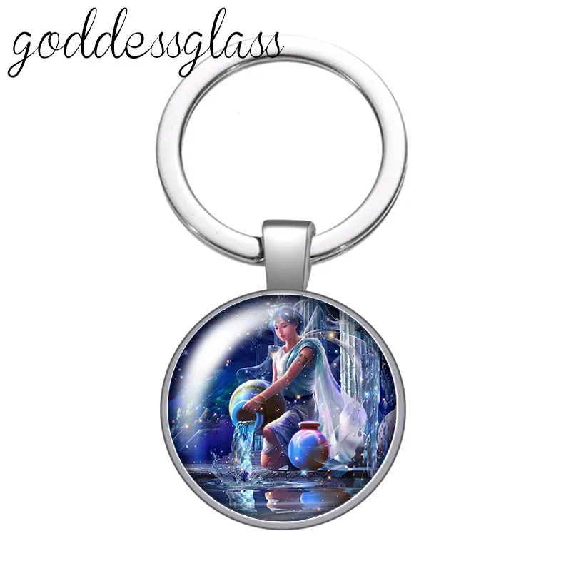 12 constellations Animals Zodiac Signs round glass cabochon keychain Bag Car key chain Ring Holder Charms keychains Gifts