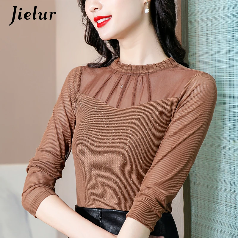 Jielur Full Sleeve Sexy Shiny Hollow Out T-Shirts Women 2021 Black Elegant Basic Top Elasticity Slim Office Lady T shirt S-XXL