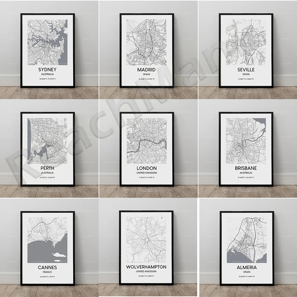 

Tourist city map poster, Dubai, Australia, Ibiza, Spain, Brisbane city map black and white print, coordinate minimalism wall art