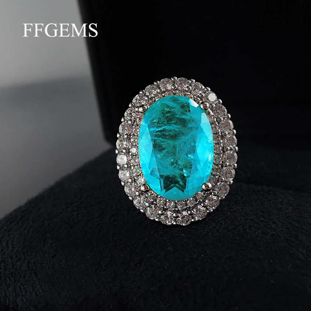 FFGems Vintage Silver create Paraiba Tourmaline Gemstone Wedding Diamonds big oval Rings for women Gift Fine Jewelry Wholesale