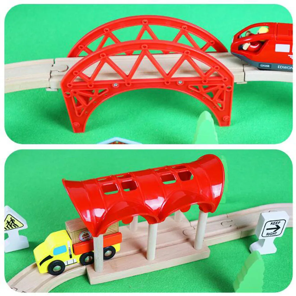 Accesorios de pista de tren de madera, pista de madera, estación de tren, túnel de puente, Compatible con todas las marcas, juguetes de pista de