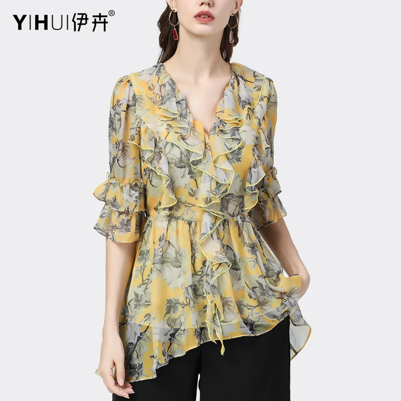 Fashion 3D Cascading Ruffles Chiffon Floral Printing Blouse Women Summer Mid-Length V-Neck Defined Waist Slmming Tops 2021 New