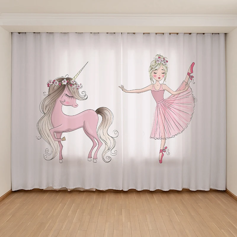 Custom Digital Printed Cute Cartoon Ballet Dancing Girl Kids Bedroom Blackout Window Drapes Pink Unicorn Princess Decor Curtains