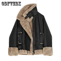 Winter Women Faux Fur Leather Jacket Imitation Mink Velvet Leather Jacket Thick Motorcycle Jackets Vintage Suede Lambswool Coats