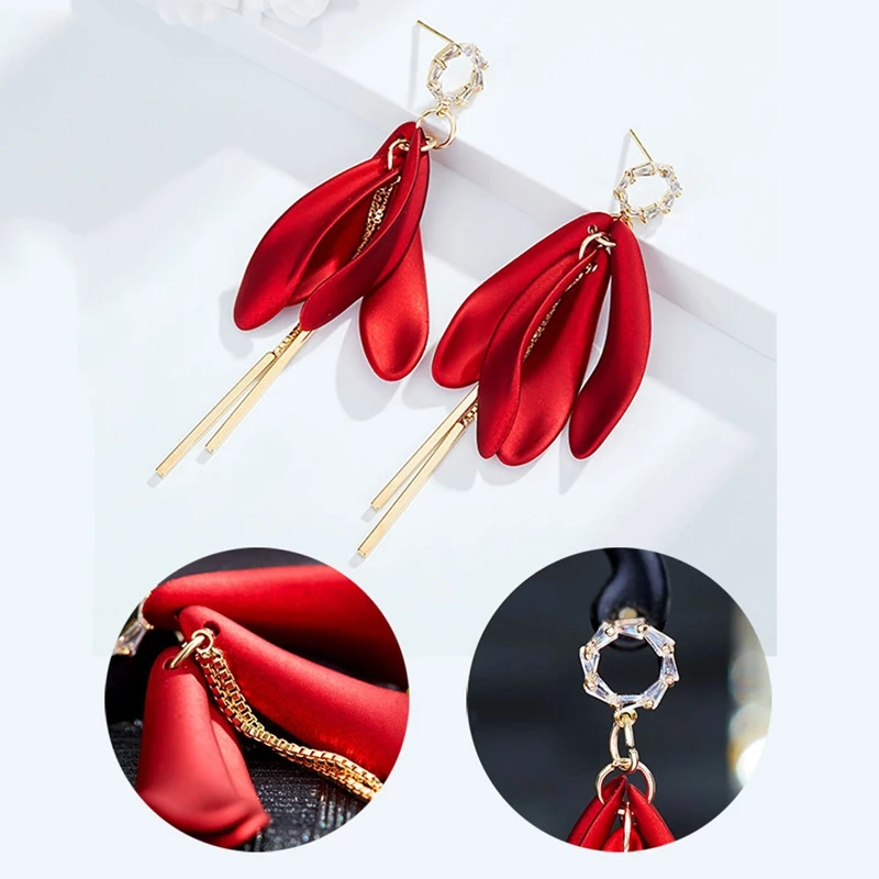 1 Pair Red Earrings Long Tassel Women Earrings Retro Faux Petal Tassel Earring Drop Earring For Christmas