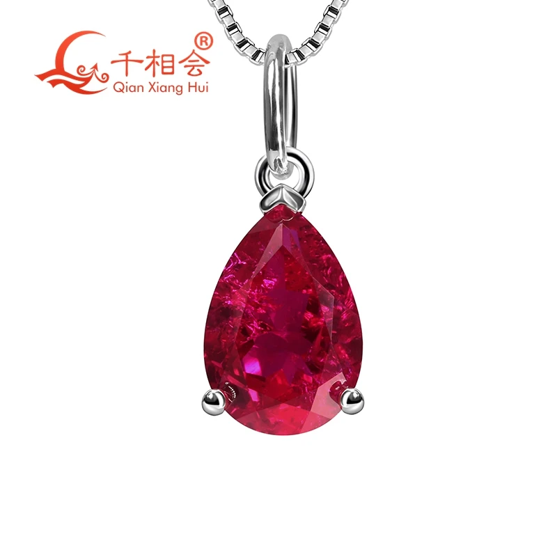 925 Silver Pear Shape 7x10mm Red & Pink Color lab grown Ruby Inclusion Stone for Pendant Necklace Jewelry