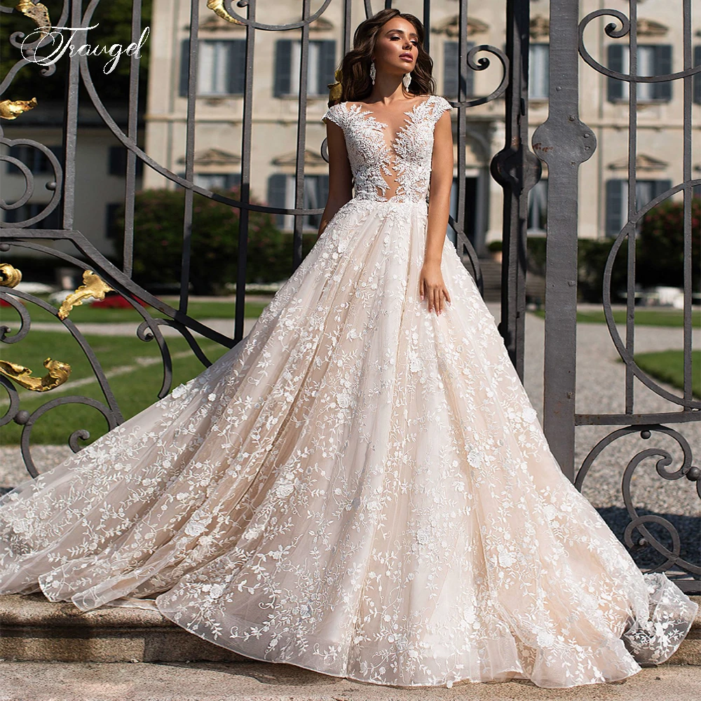 

Traugel Sexy Illusion Cap Sleeve Lace Vintage Wedding Dresses Luxury Scoop Neck Appliques Court Train A Line Bridal Gowns