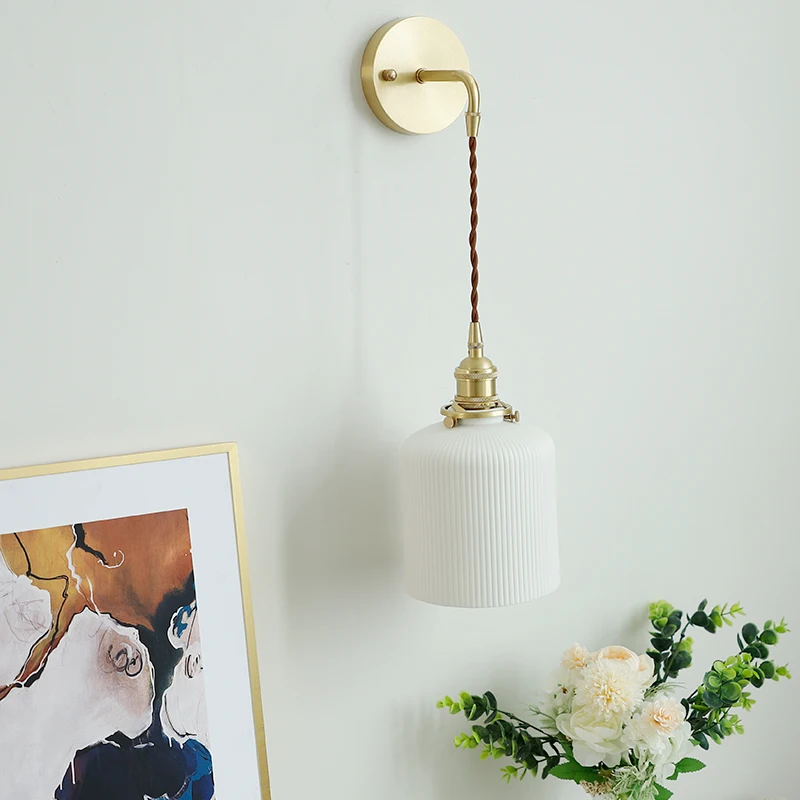 Japanese Brass Ceramic Pull Switch Wall Lamp Corridor Nordic Retro Bedroom Living Room  Led Hanging Line Straight Tube Wall Lamp