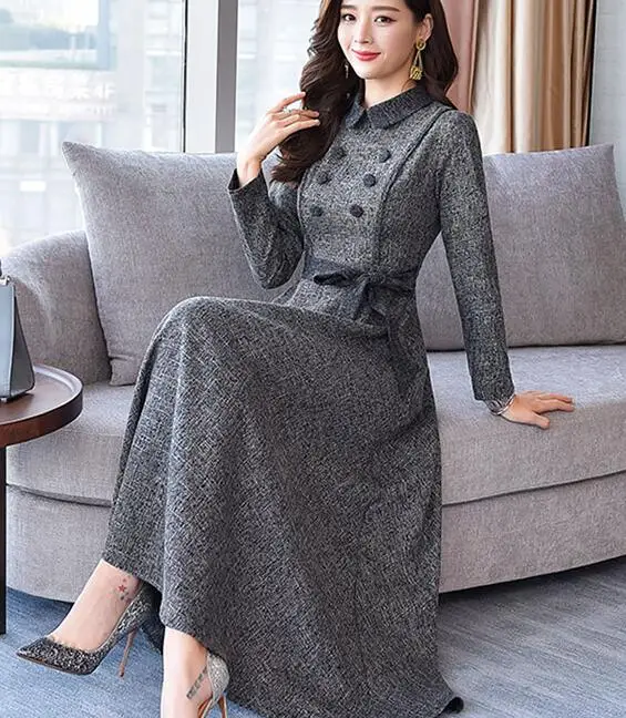 M-3XL 2021 Spring  New Arrival Elegant Peter Pan Collar  Solid Color Collect Waist  Long Sleeve Woman  Long Dress