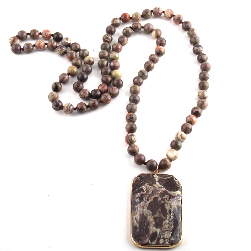 RH Fashion Beaded Jewelry Natural Stones Long Knotted Semi Precious Rectangle Stone Pendant Necklaces