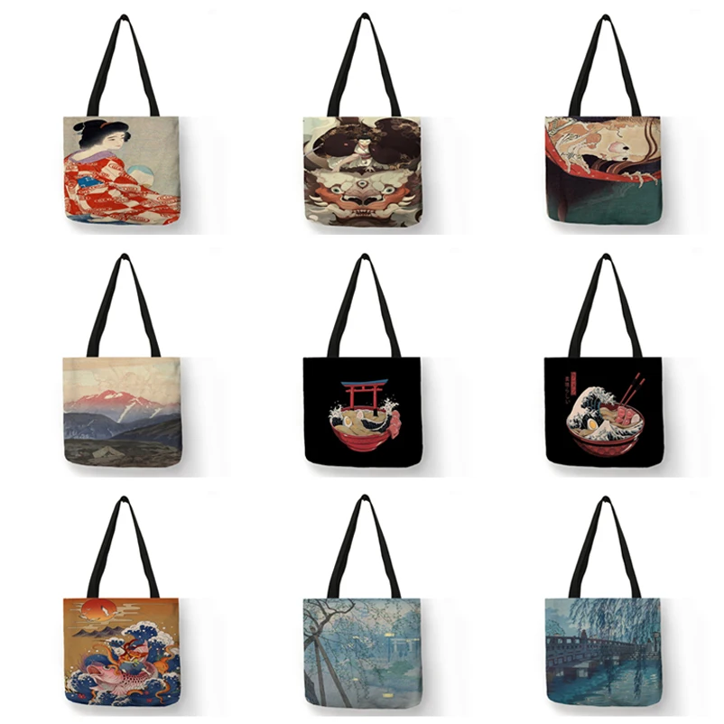 2021 Women Ladies Tote Bag Handbag Classic Japanese Mount Fuji Scenery Wave Kabuki Print Large Shopping Bags for Supermarket