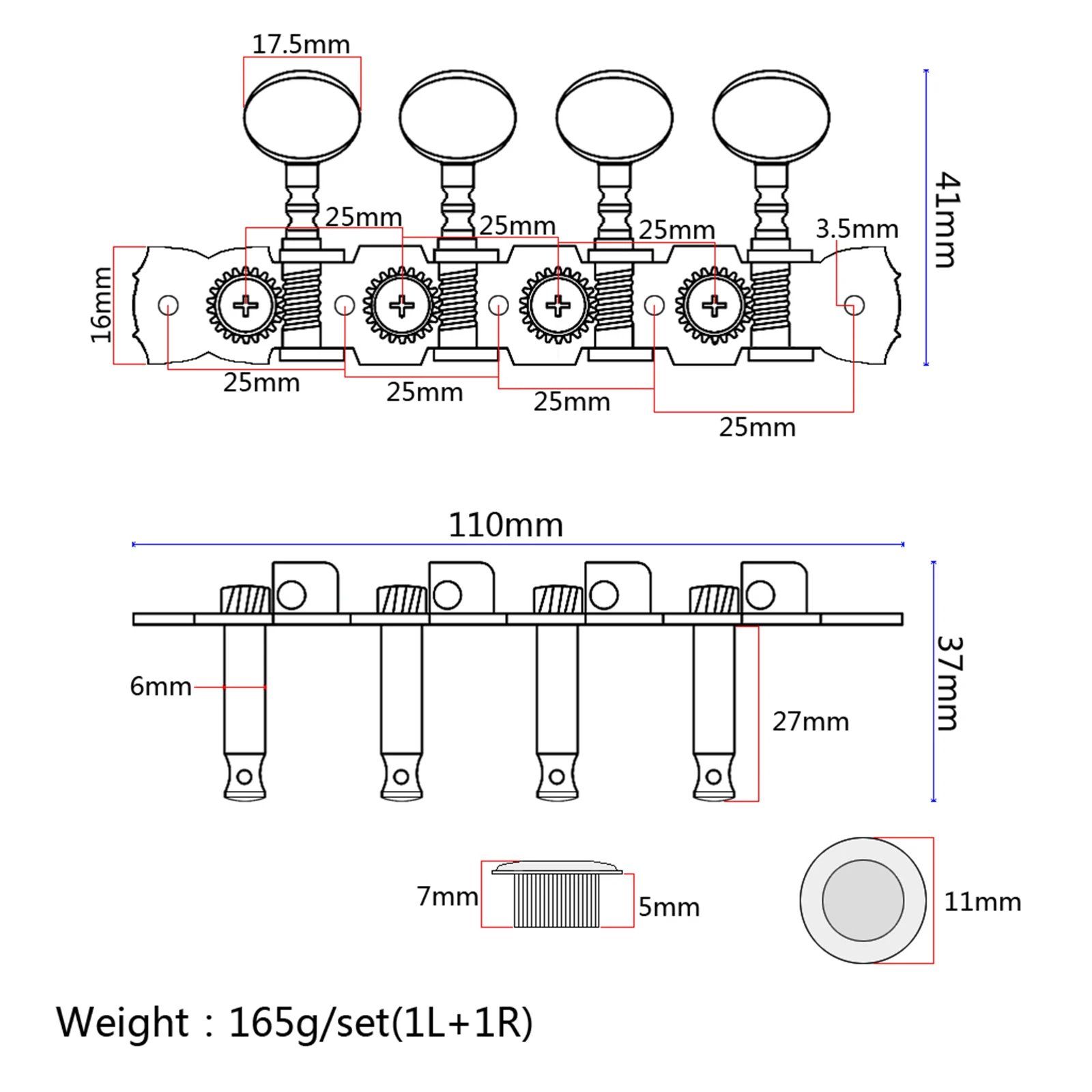 Chrome 8 String Guitar Machine Heads Mandolin Tuning Pegs Tuners 4L4R Tuner Button Spacing 25mm 4 in one line