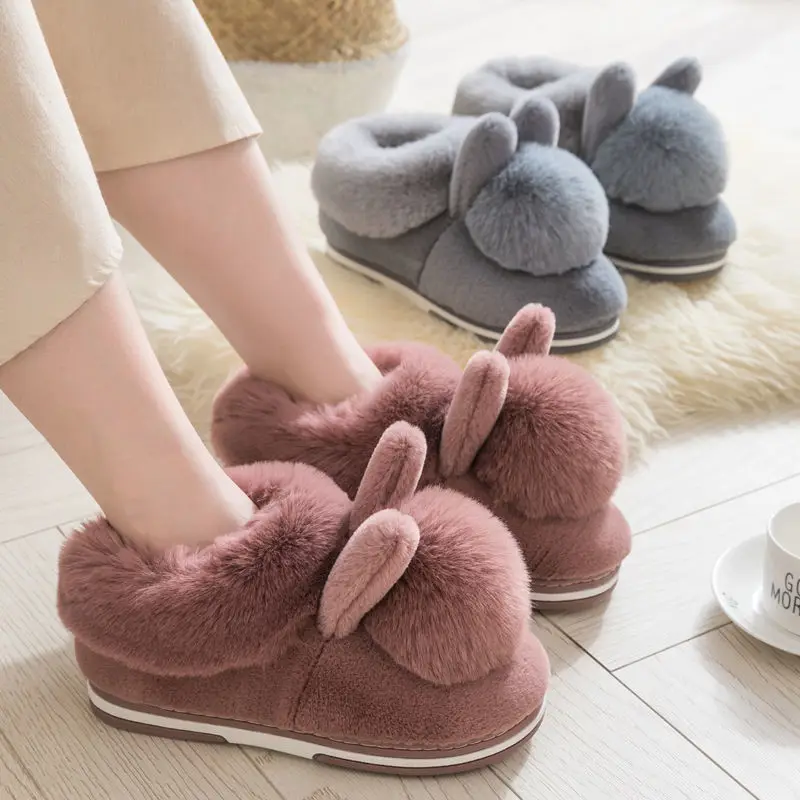 2024 New Autumn Winter Plush Cotton Slippers Rabbit Ear Home Slippers Indoor Warm Shoes Women Cute Big Plush Ball Slippers