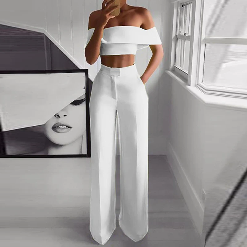 Summer Solid Women Casual Wide Leg Pants Suit Sexy Short Tops And High Waist Two Piece Sets Femme Slim Fit Streetwear Outfits