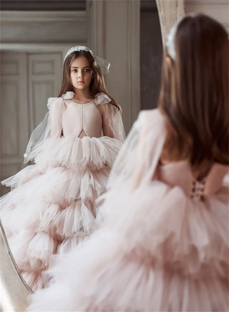 Vestidos de princesa con flores para niña, faldas escalonadas con volantes y cuello en V para boda, vestido de baile de desfile de tul para primera comunión, 2021