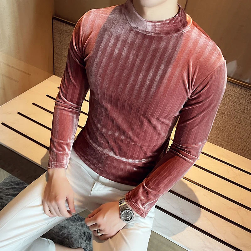 Stylish Pink Turtleneck Velour T Shirts Trendy Striped Velvet Pullover Mens Slim Fit Winter Tops Unusual Clothes For Men Fashion